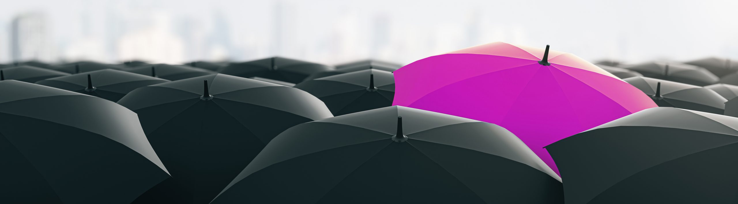 Standout orange umbrella among black ones from above, uniformity and differentiation theme. 3D Rendering